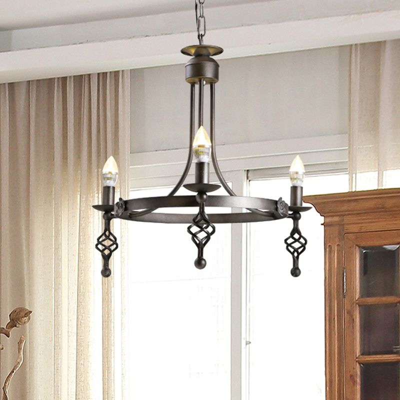 IJzeren Zwarte afwerking Hangende kroonluchter Candelabra 3-licht Rustieke ophanging Hanglamp met Circle Design