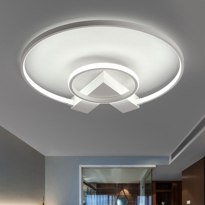 White/Gold 2-Circle Flush Mount Lighting Contemporary Aluminum LED Ceiling Fixture with V Neck Design