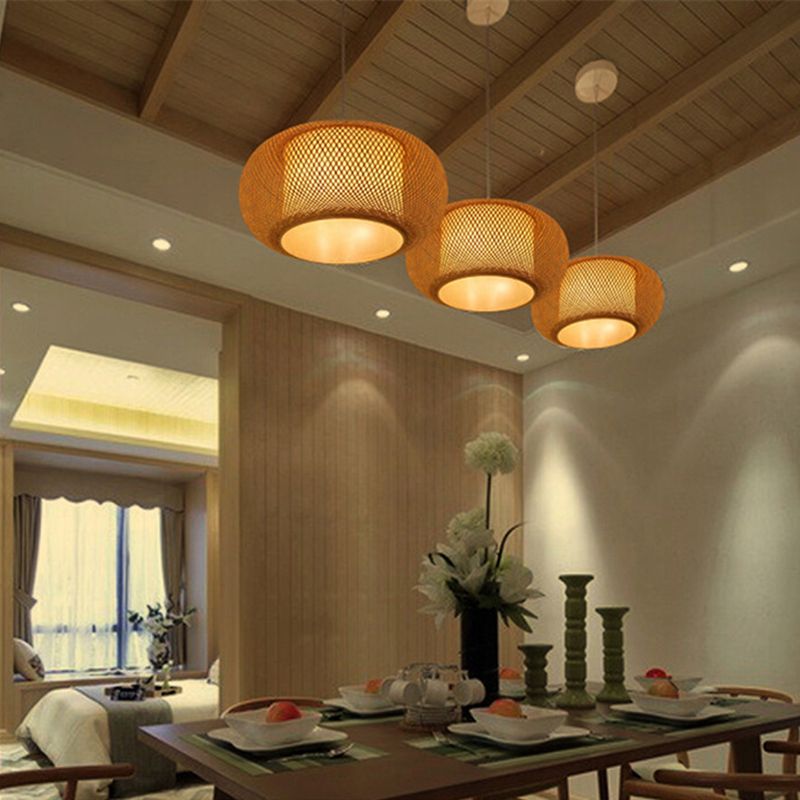 Chinese Drum Pendant Lighting Fixtures Rattan Hanging Light with Hanging Cord for Restaurant