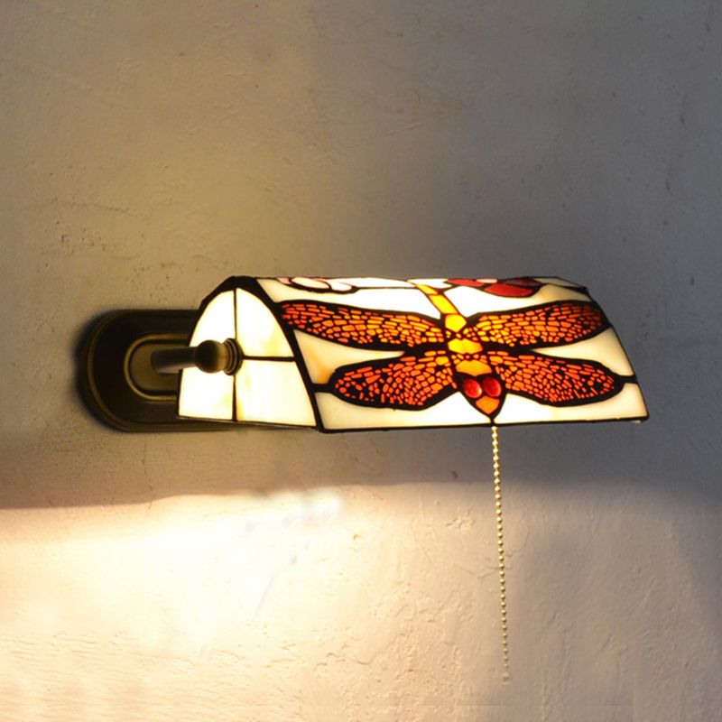 Beige Banker Wall Sconce without/with Pull Chain Vintage Stained Glass 1 Head Wall Sconce Lighting with Dragonfly Pattern