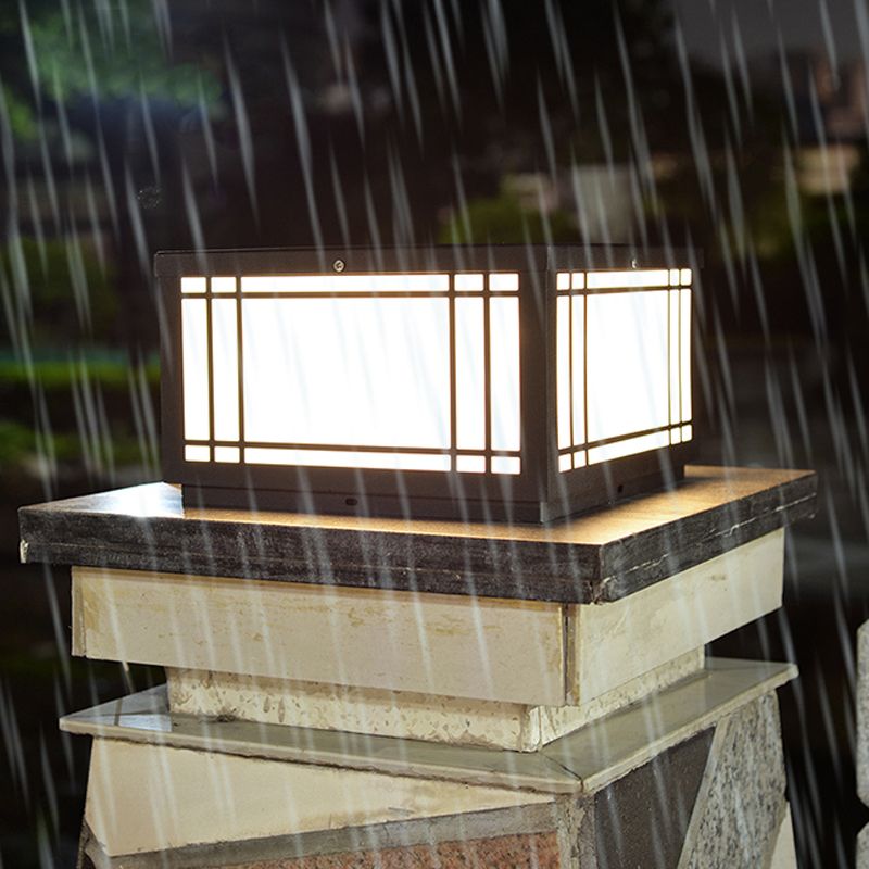 Black Solar Energy Pillar Lamp Modern Metal Square Outdoor Light for Garden