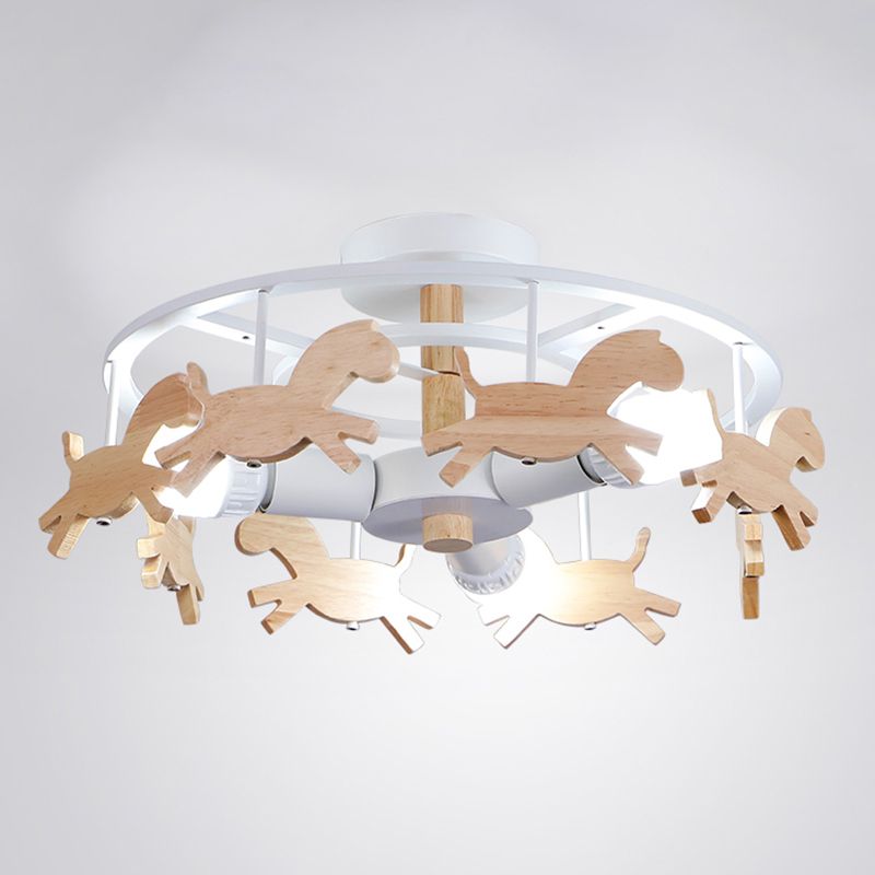 Merry-Go-Round Kindergarten Ceiling Lamp Wooden 3-Head Kids Semi Flush Mount Light