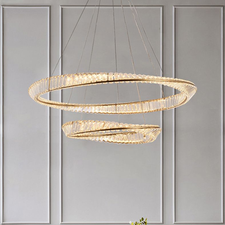 Modern Luxury LED Pendant Light Wrought Iron Circular Hanging Lamp with Crystal Shade