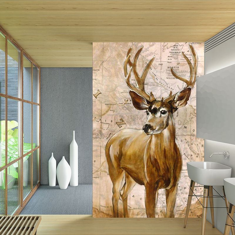 Scandinavian World Map Stag Mural Decal Brown Bedroom Wall Covering, Custom Size
