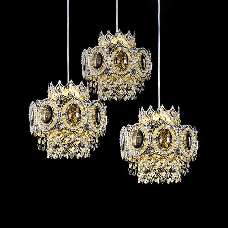 Moderne Blumenschichthubpendellampe 3 Lampenkristall Multiple hängende Licht in Chrom
