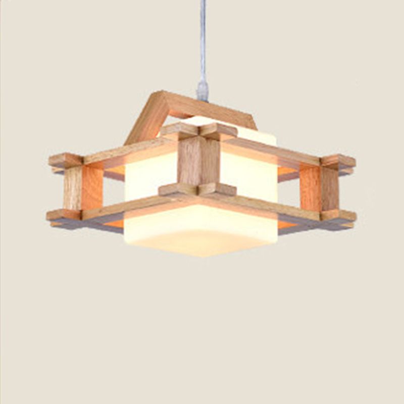 1-Light Dining Room Pendant Modern Wood Suspension Lamp with Square White Glass Shade