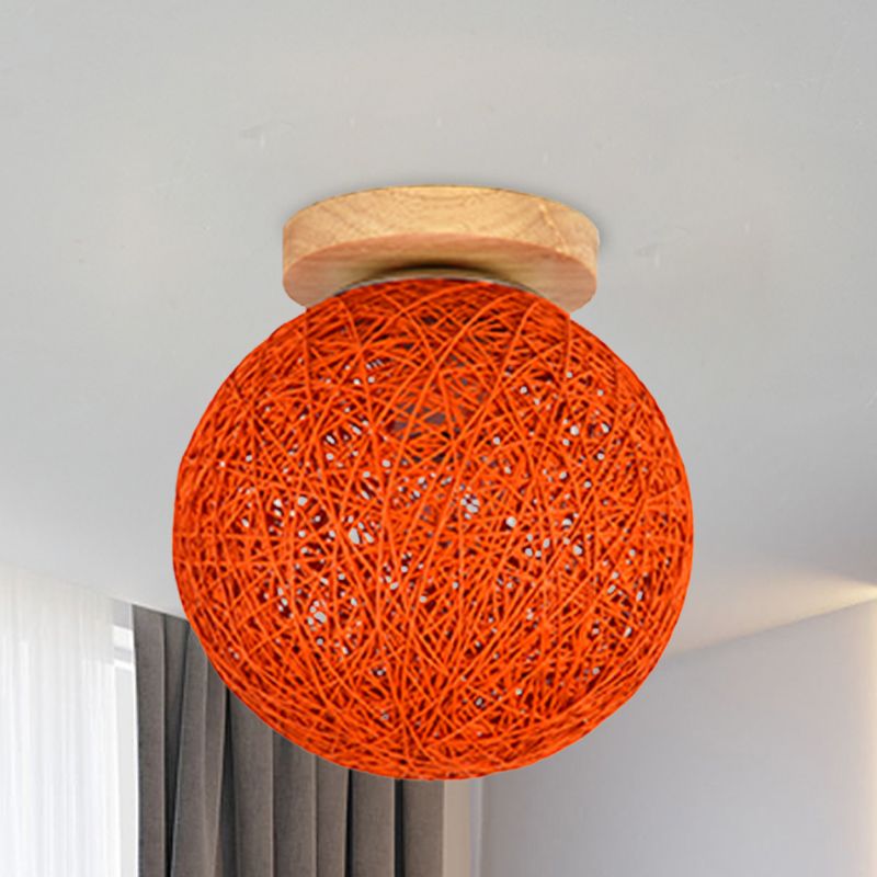 Modern Style Handwoven Flush Mount Fixture with Ball Shade Rattan 6"/8" W 1-Head Corridor Ceiling Light in Red/Pink