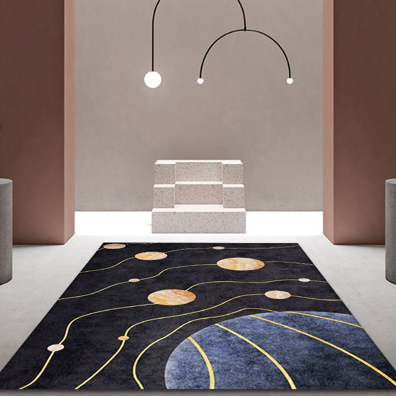 Modern Space Planet Indoor Rug Black Polyester Rug Stain Resistant Area Carpet for Home
