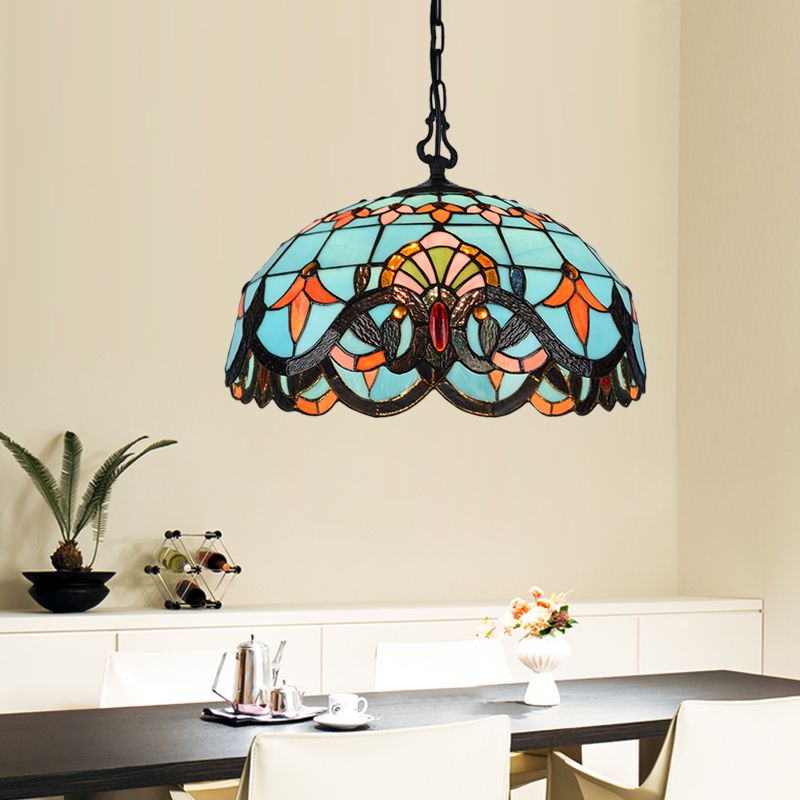 12"/16" W Blue Cut Glass Pendant Light Kit Domed 1 Light Mediterranean Suspension Lighting Fixture