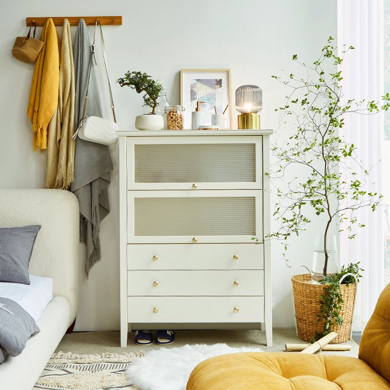 Glam Stone and Wood Buffet Server Living Room White Dining Server with Drawers