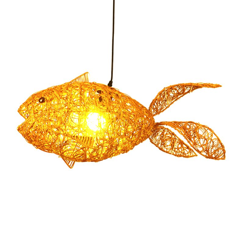 Asian Style Fish-Shape Pendulum Light Rattan 1-Light Living Room Hanging Ceiling Lamp in Gold