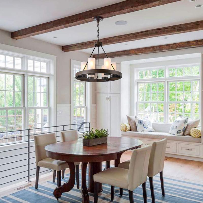 6 têtes Cylindre Éclairage de lustre traditionnel Black Grosted White Verre suspension suspension avec conception de roue