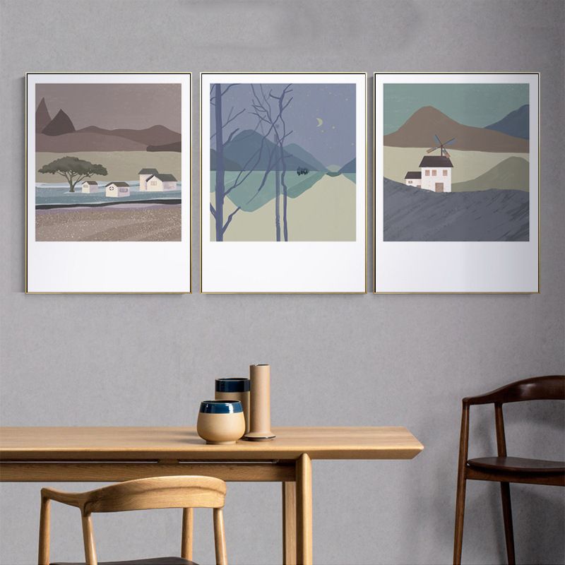 Illustration Farmhouse Canvas Wall Art with Night Village Scenery Drawing in Dark Color