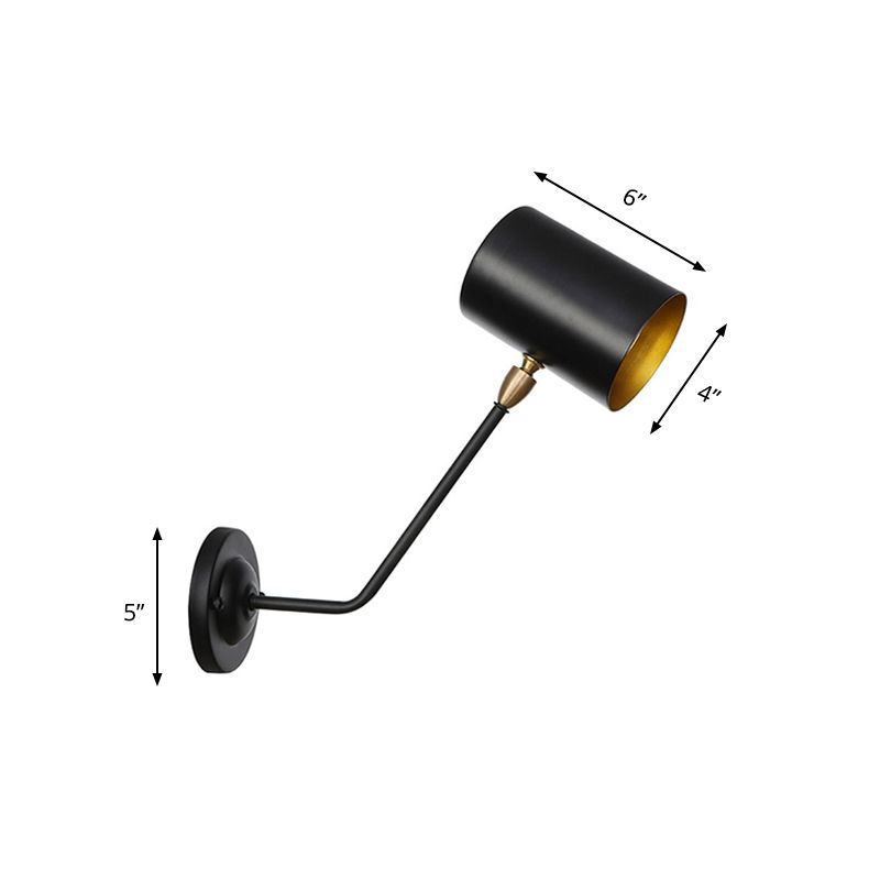 Metal Cylindrical Wall Light Sconce Industrial 6"/10" High 1-Light Bedroom Wall Lamp Fixture in Black with Angled Arm