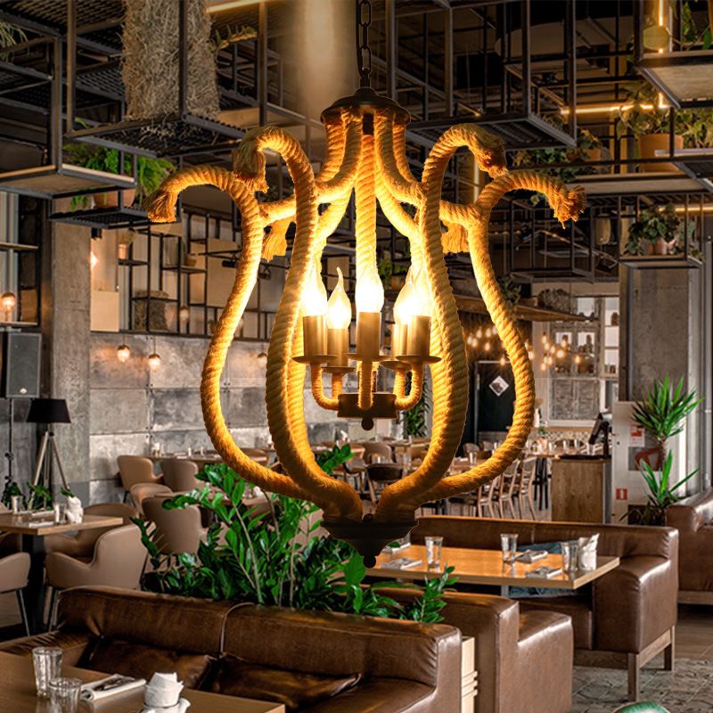 5 Heads Roped Cage Chandelier Lamp Vintage Brown Ceiling Fixture with Flower Shade for Restaurant