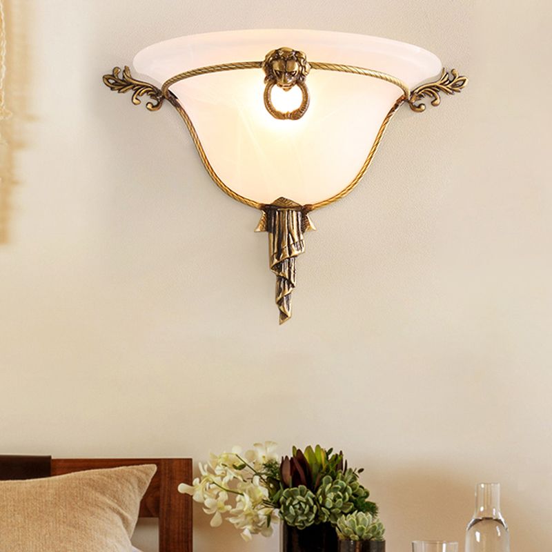 Traditional Trumpet Sconce Opal Glass 1 Bulb Wall Mounted Light Fixture in Brass for Stairway