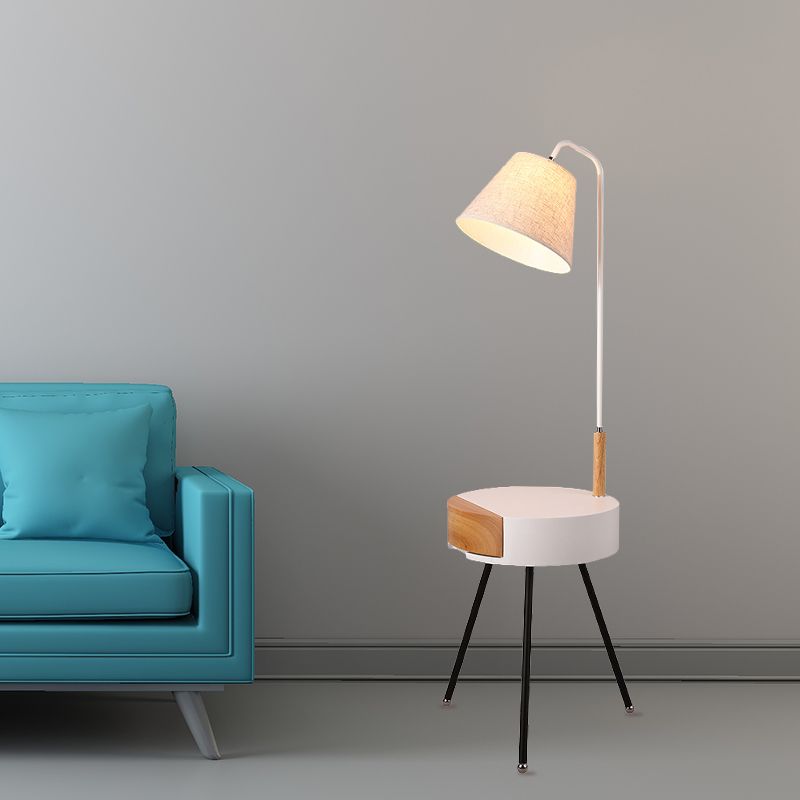 Tripod Table Floor Lighting Modern Metallic Single Head Black/Grey/White and Wood Stand Lamp with Fabric Shade