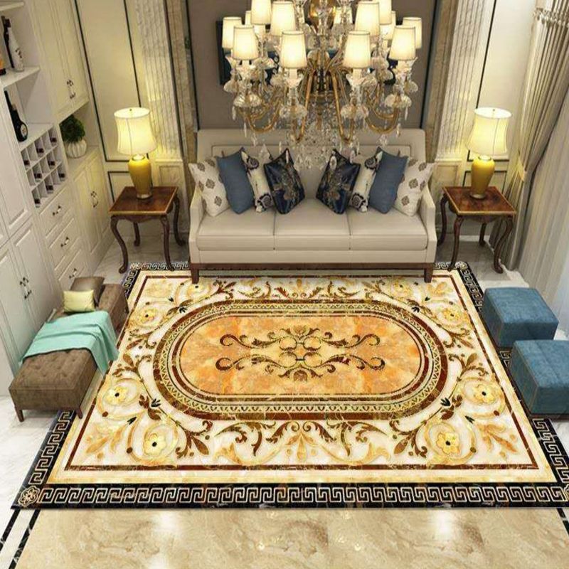 Apricot Tone Luxury Area Carpet Polyester Floral Print Indoor Rug Easy Care Carpet for Living Room