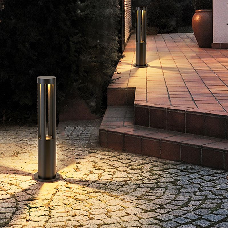 Contemporary Metal Pillar Lamp Geometric Shape Outdoor Waterproof Light in Black Finish