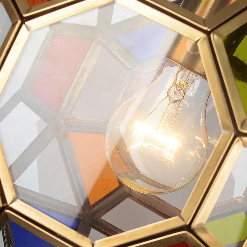 1 Bulb Faceted Disco Ball Pendant Colonial Brass Finish Ceiling Lamp with Multi-Colored Glass Shade