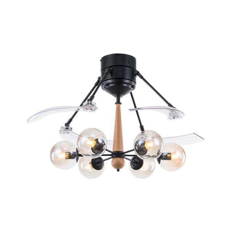 Lámpara de ventilador de techo colgante de orbe industrial 48 "W 6 cabezas Semi Flushmount en negro con diseño radial, 4 cuchillas transparentes