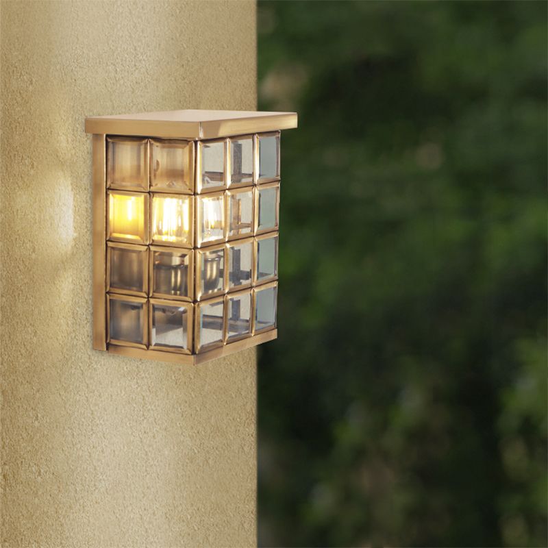 Colonial Grid Flush Wall Sconce 2-Light Clear Glass Outdoor Wall Mount Light in Gold
