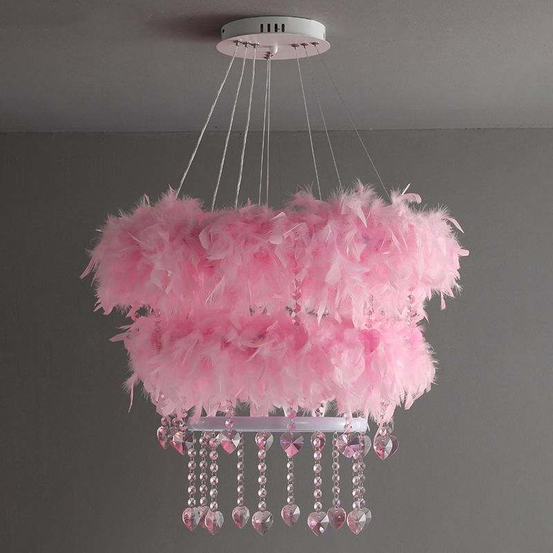 Tapered Feather Chandelier Pendant Nordic LED Hanging Light Fixture with Crystal Decor for Dining Room