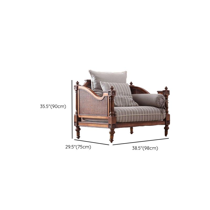 Farmhouse Seating Tuxedo Arm Sofa with Pillows Fabric and Wood in Brown