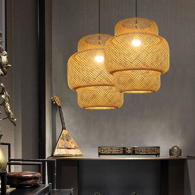 Bamboo Lantern Suspension Pendant Light Asia Style Beige Pendant Lighting Fixture