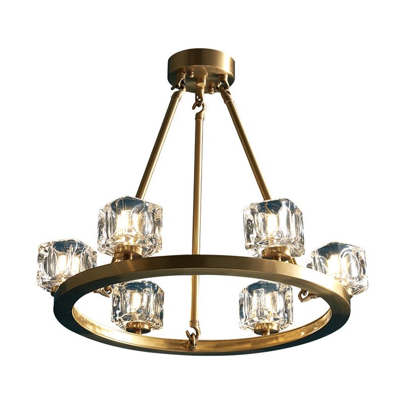Ice Cube Crystal Hanging Chandelier Mid-Century 6 Bulbs Bedroom Pendant Light in Brass