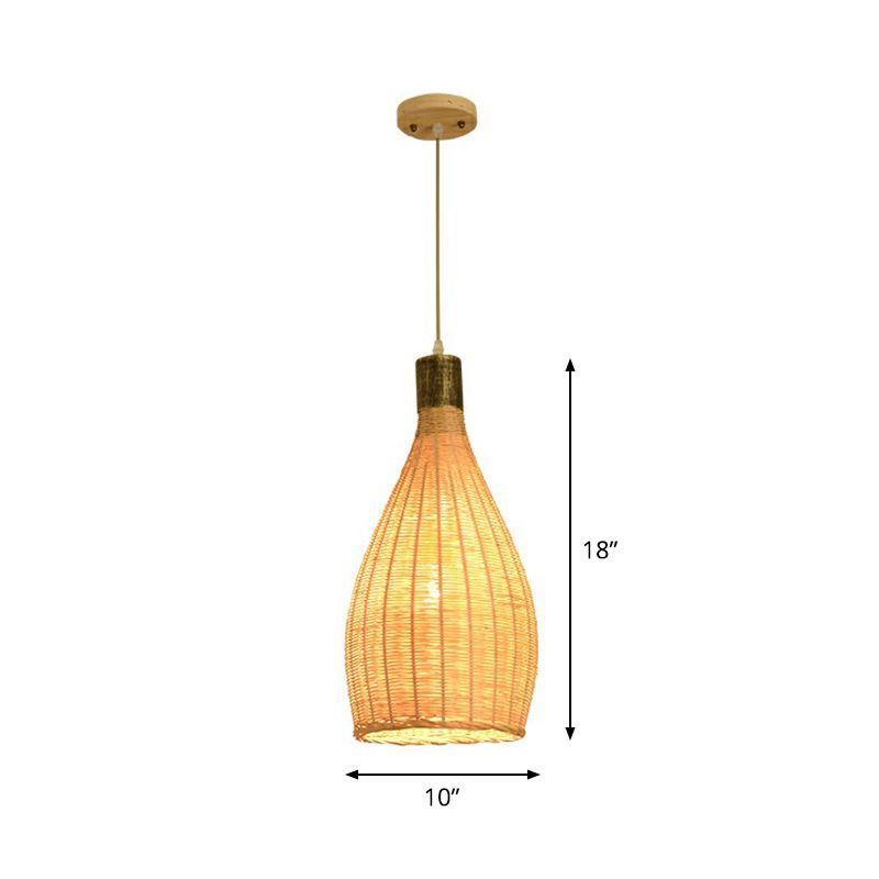 Asia 1 Bulb Down Lighting Pendant Beige Droplet-Like Hanging Lamp with Bamboo Shade