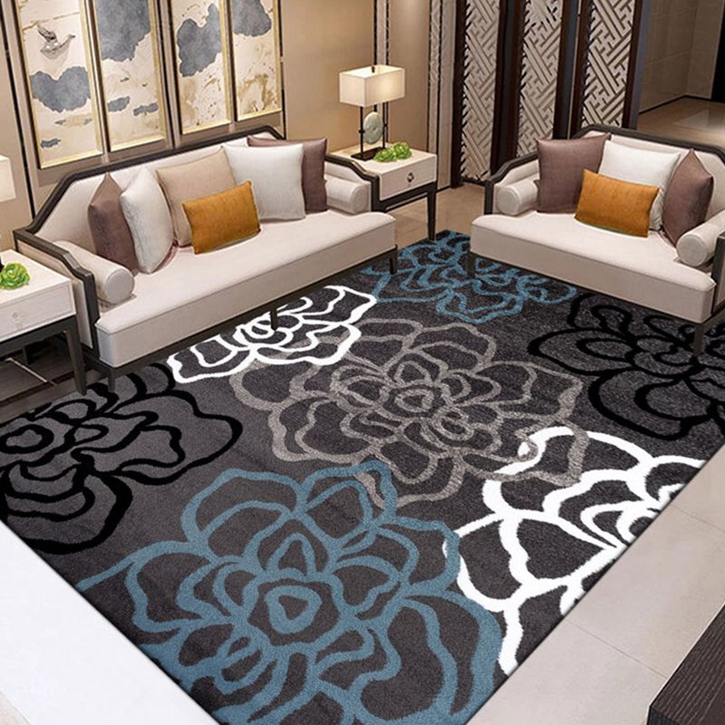 Dark Colored Simple Area Rug Floral Printed Carpet Polyester Stain Resistant Rug for Living Room