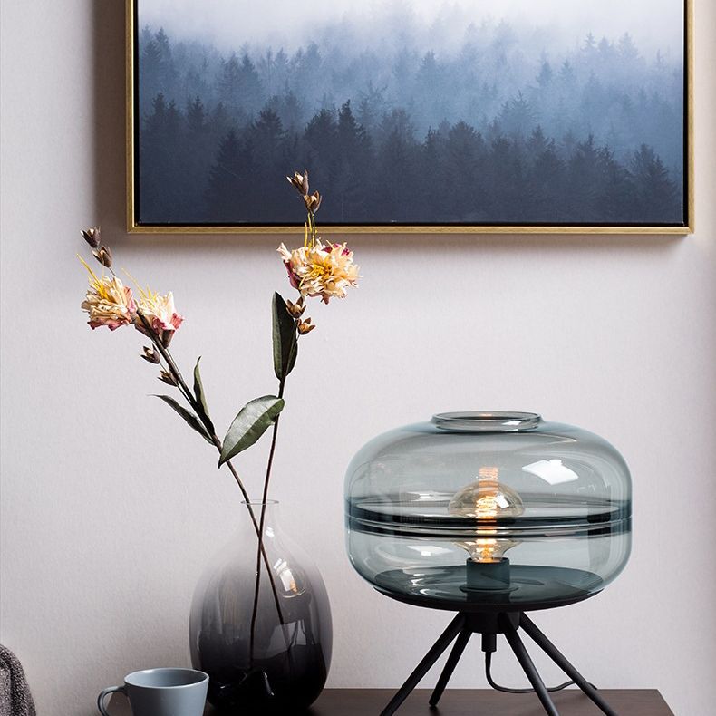 Modern Creative Drum Table Lamp Wrought Iron Indoor Table Light with Glass Shade
