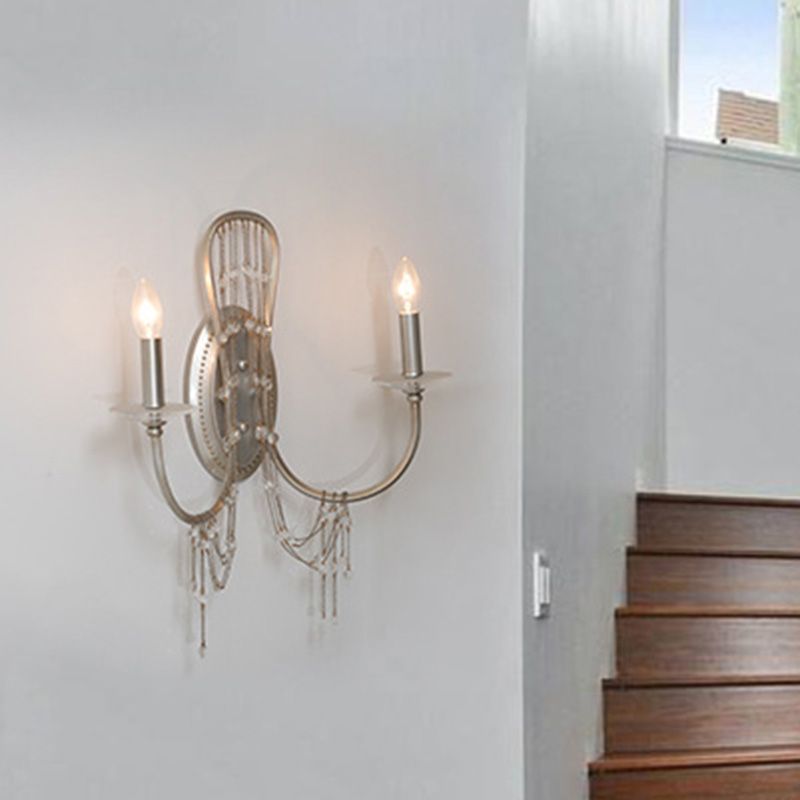 Nickle 2 Lights Wall Lighting Retro Metal Candelabra Wall Mount Light with Clear Crystal Accent