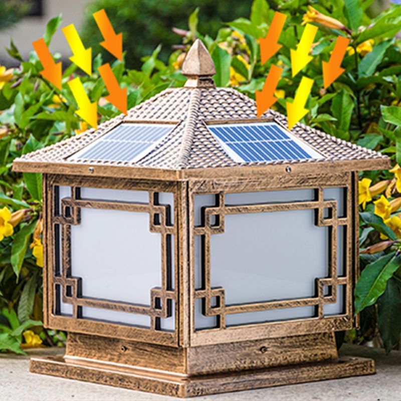 Square Shape Solar Pillar Lamp Contemporary Metal Outdoor Waterproof Light