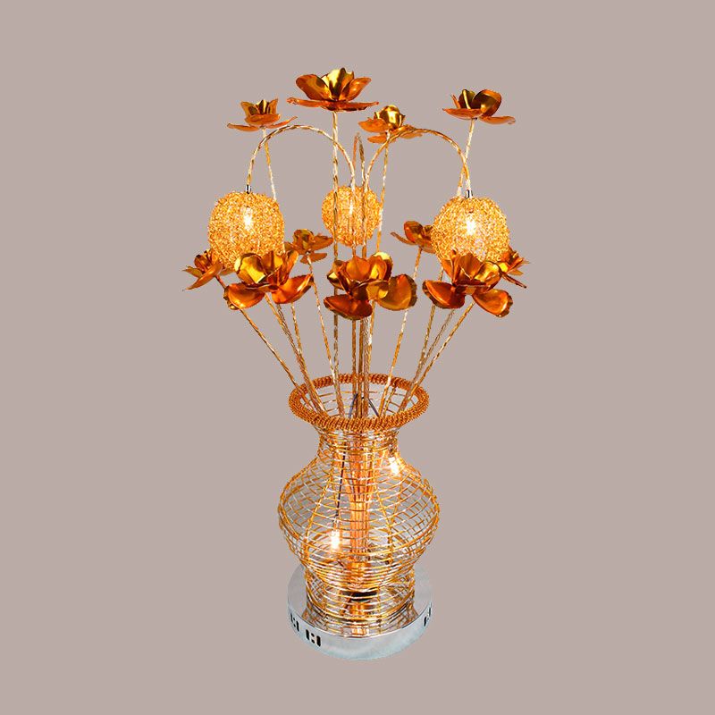 Gold Vase and Floret Table Lamp Art Deco Aluminum Wire LED Bedroom Night Lighting