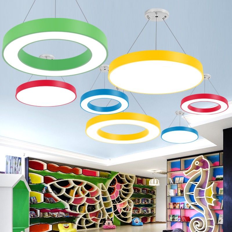 Circular Kindergarten Ceiling Pendant Metallic Minimalist LED Suspension Light