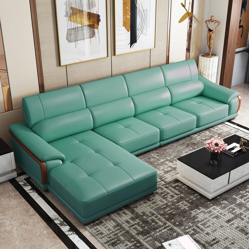 141.73" Wide L-shape Sectional Genuine Leather Pillow Top Arm Sectional