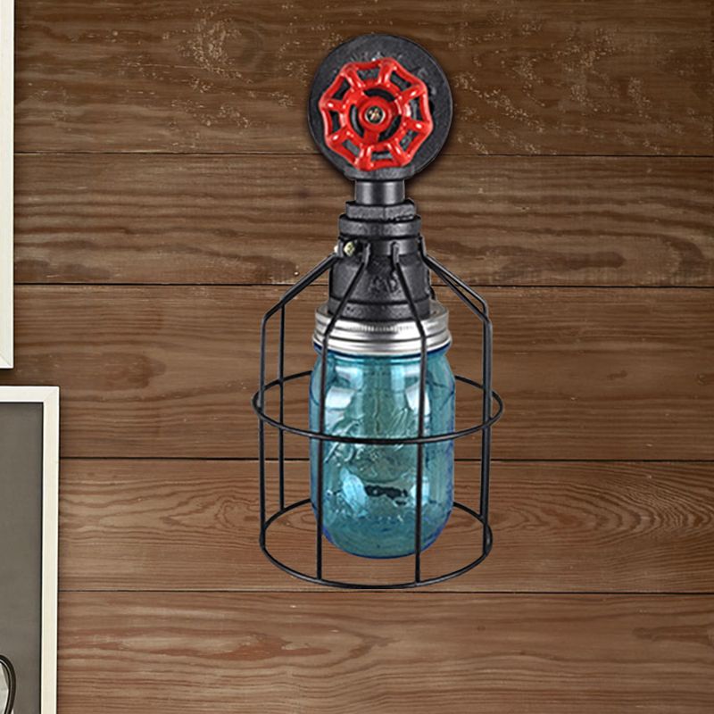 Vintage Caged Wall Light with Inner Jar Shade and Red Valve 1 Light Glass Sconce Lighting in Blue/Clear