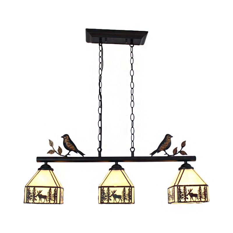 Rustic Lodge Deer Island Lighting with Bird Decoration 3 Lights Stained Glass Pendant Light