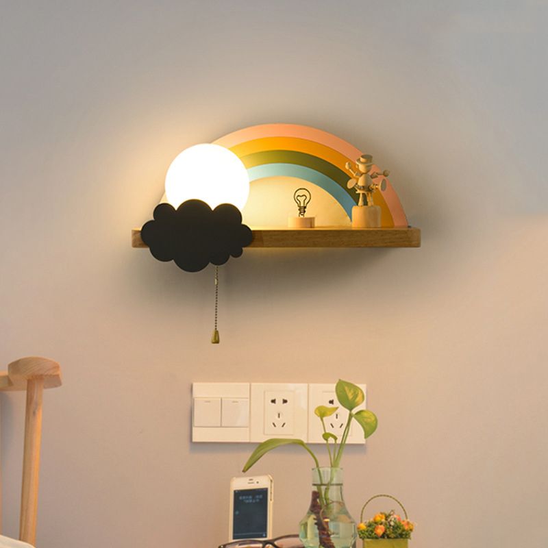 1-Light Round Wall Sconce Modern Simple Wood Style Glass Wall Lighting in Brown