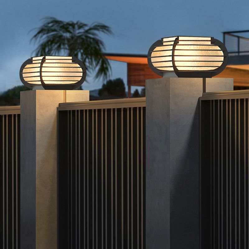 Drum Shape Metal Outdoor Light Modern 1 Light Solar Pillar Lamp in Black