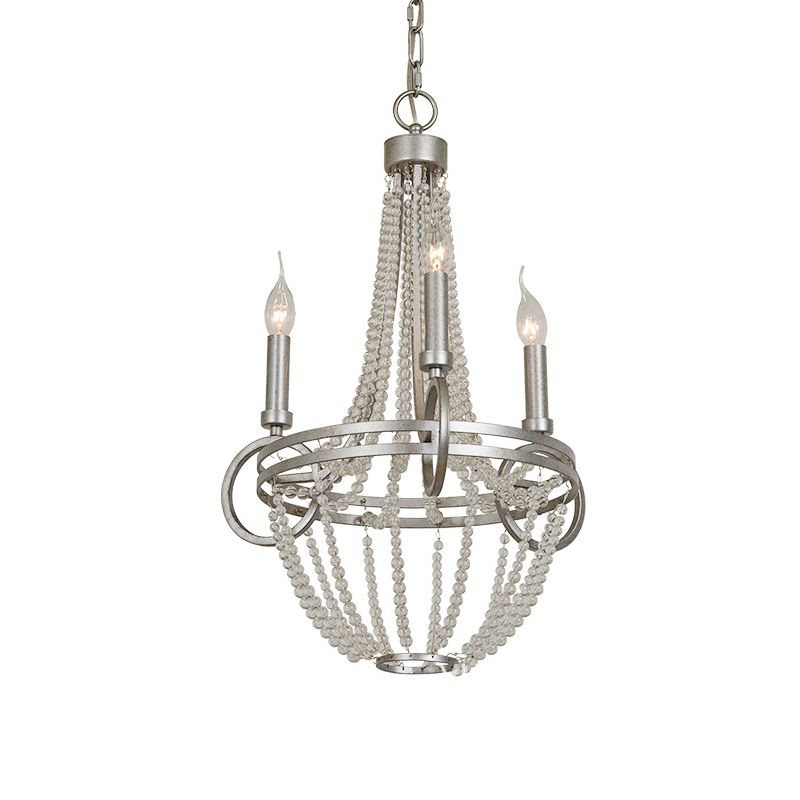 Silver 3 Bulbs Pendant Chandelier Rustic Crystal Bead Candelabra Suspension Light for Dining Room