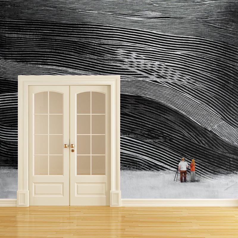 Modern Art Layered Wall Murals Black and Grey Abstract Wall Covering for Bedroom