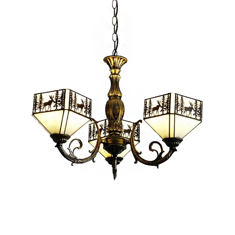 3 Lights Small House Suspended Light Retro Style Stained Glass Inverted Chandelier with Deer and Tree Pattern in White