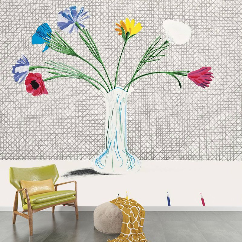 Still Life Flower Vase Murals Modern Art Non-Woven Material Wall Decor in Grey-Green