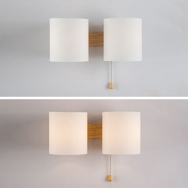 Wooden Cylindrical Wall Lamp in Modern Concise Style White Glass Wall Sconce for Interior Spaces