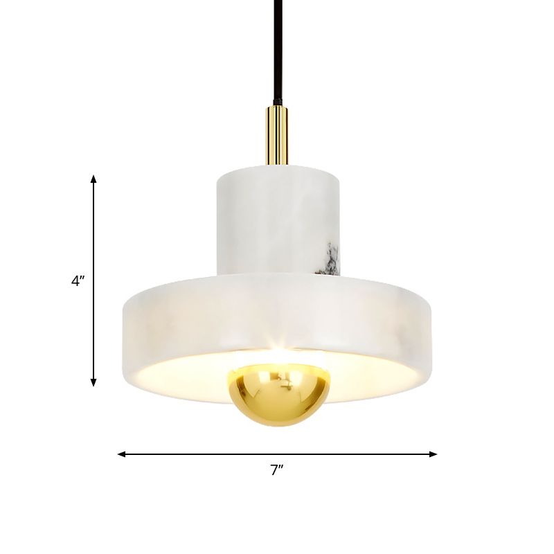 Minimalist Pot-Lid Pendulum Light Marble 1-Bulb Dining Room Suspension Pendant in White and Brass