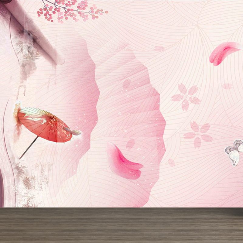 Modern Flowers Branch Mural Decal Pink Decorative Wall Covering for Girls Bedroom