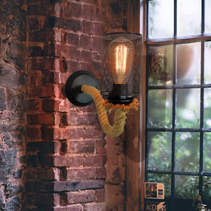Black Cylinder Wall Lighting Fixture Vintage Metal 1 Light Dining Room Sconce with Rope Arm